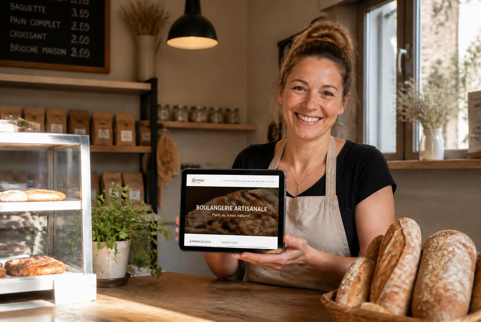 Propriétaire d'une boulangerie québécoise présentant son nouveau site web sur une tablette